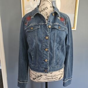 LC Lauren Conrad Blue Denim Jacket with Red Embroidery